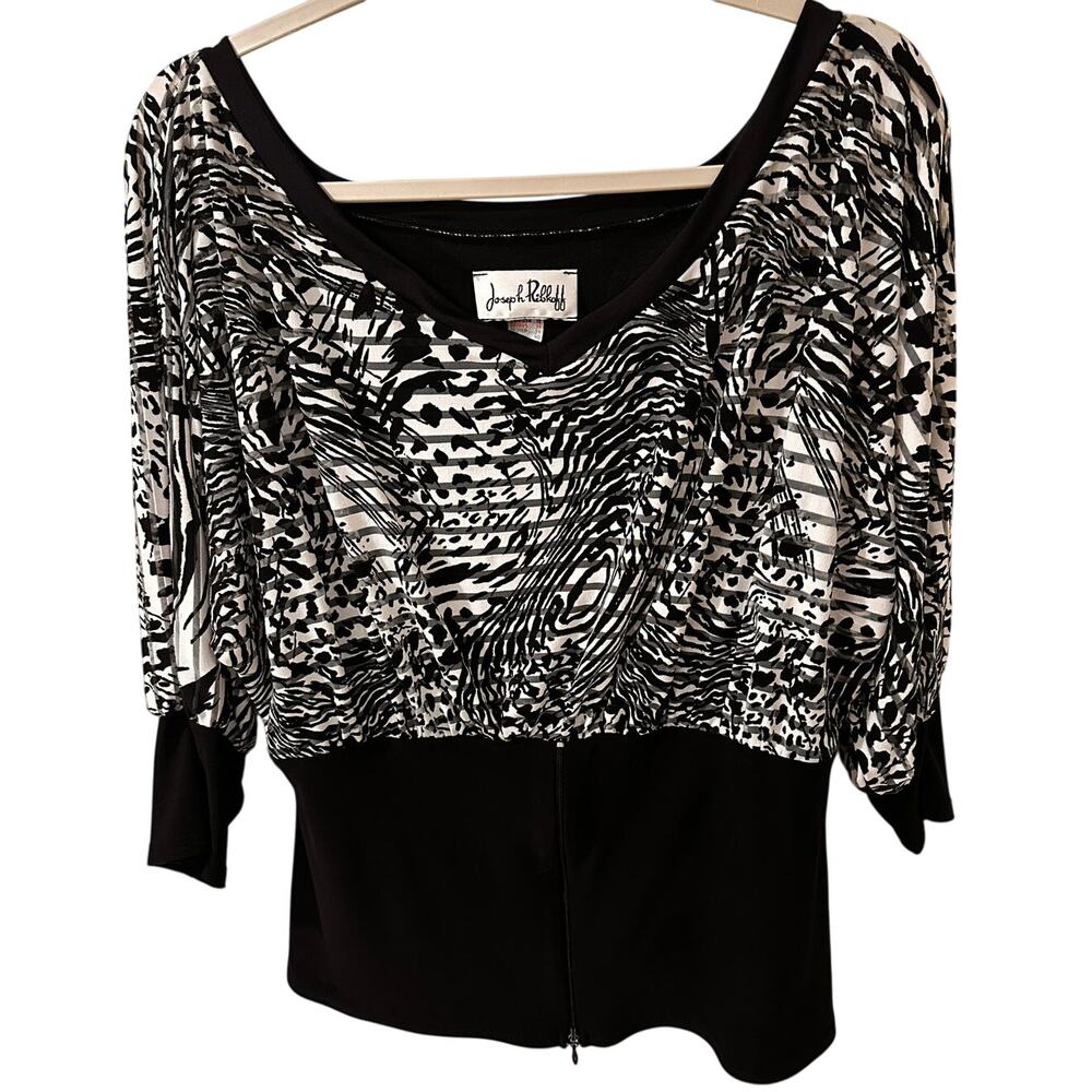 Joseph Ripkoff Vintage Semi Sheer V-Neck Blouse Zipper Waist, Black White, 12